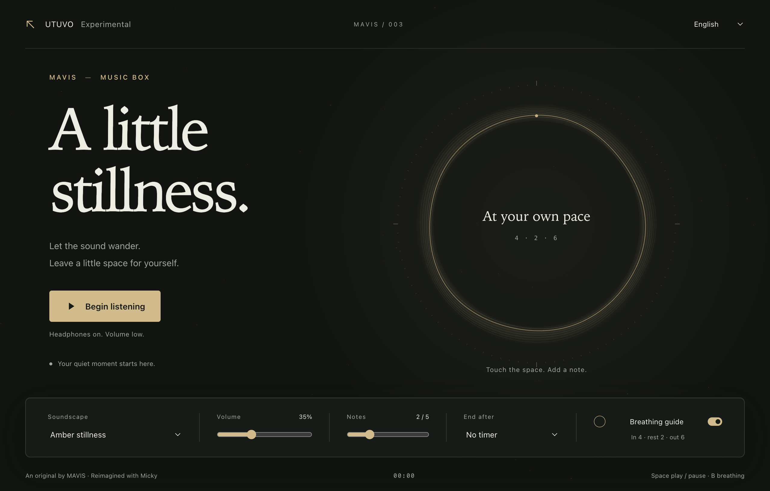 MAVIS Music Box: an amber breathing ring, a quiet dark canvas, and sound controls.