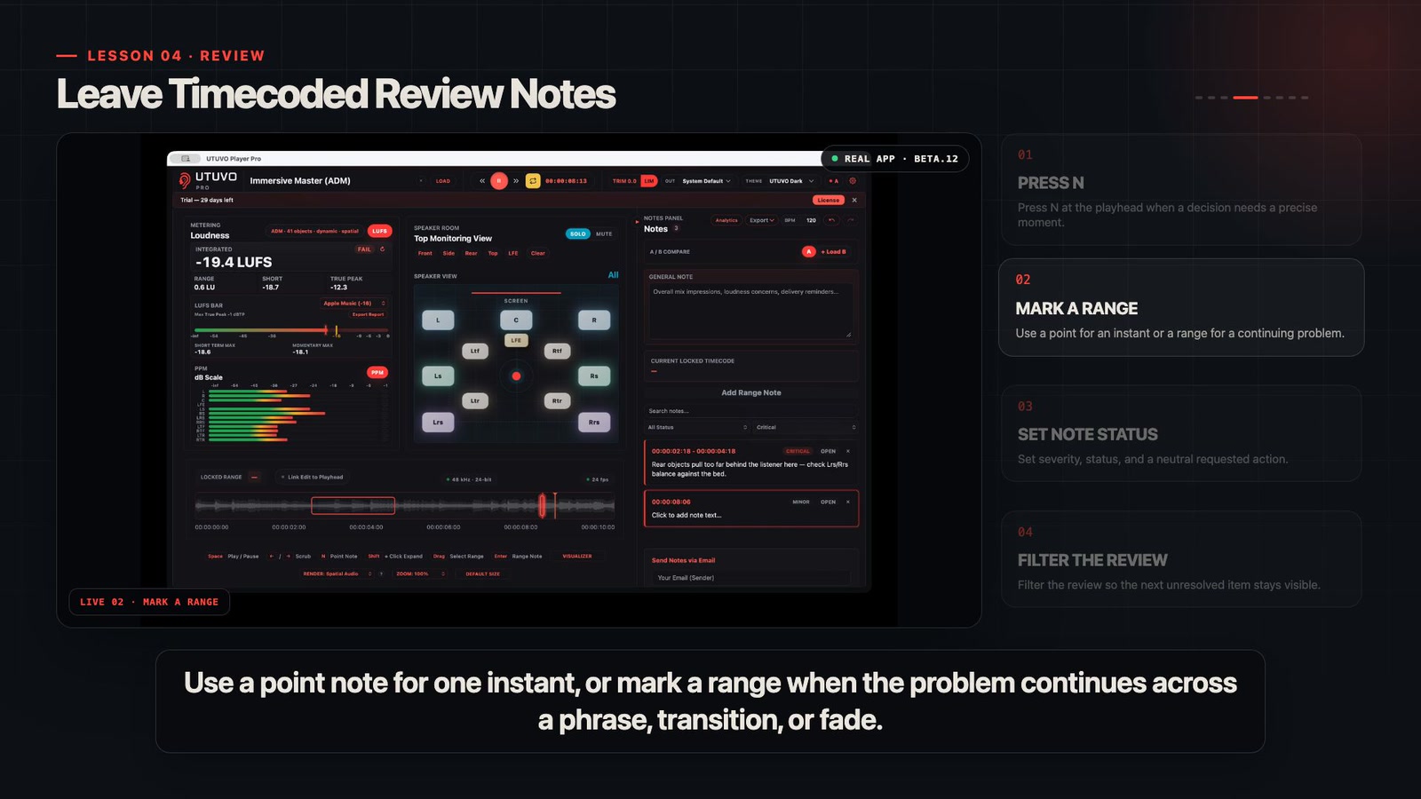 Player Pro tutorial frame showing the full app window and the active workflow step