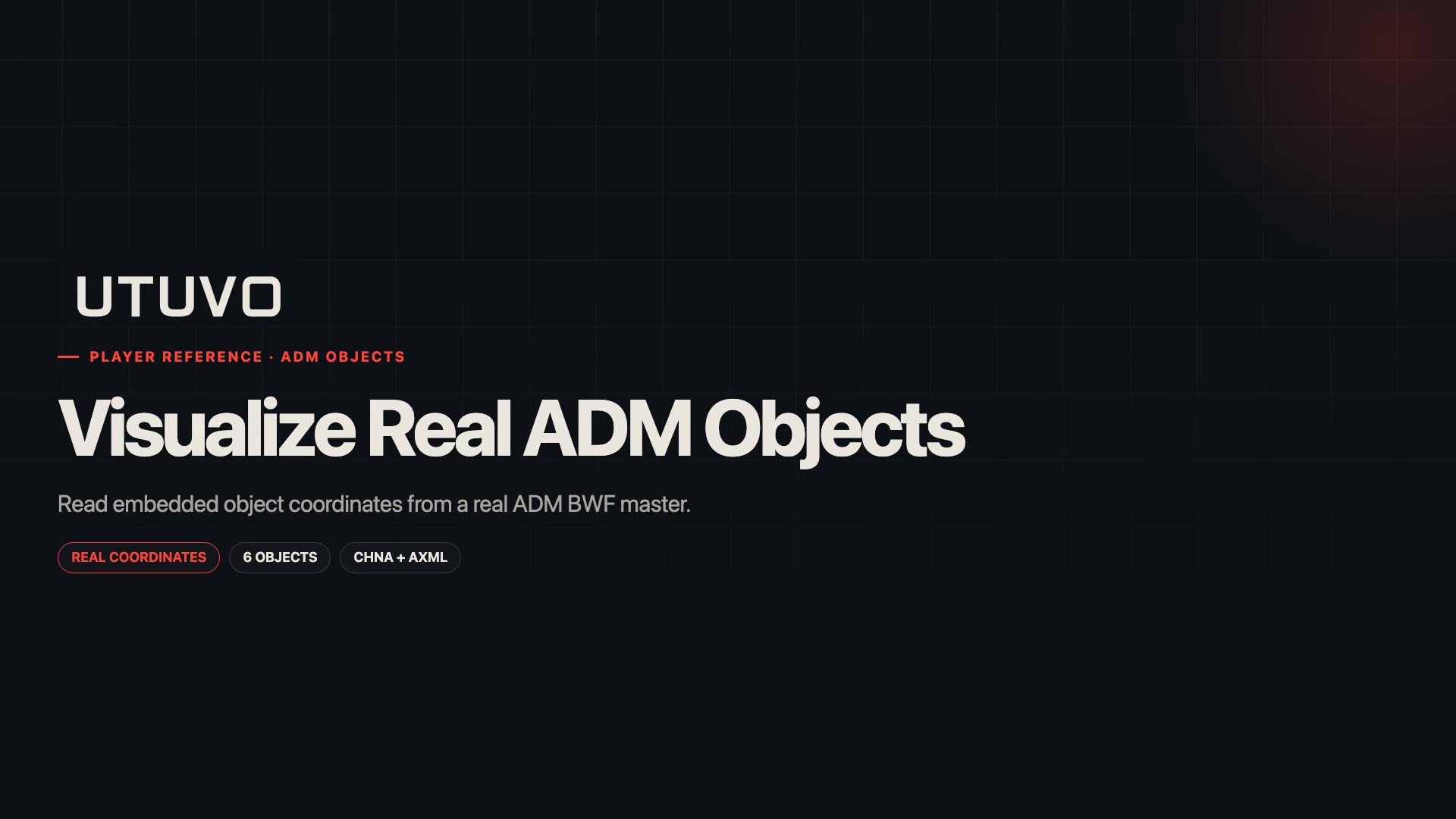 Player Reference ADM Objects view with six named objects in a three-dimensional speaker room