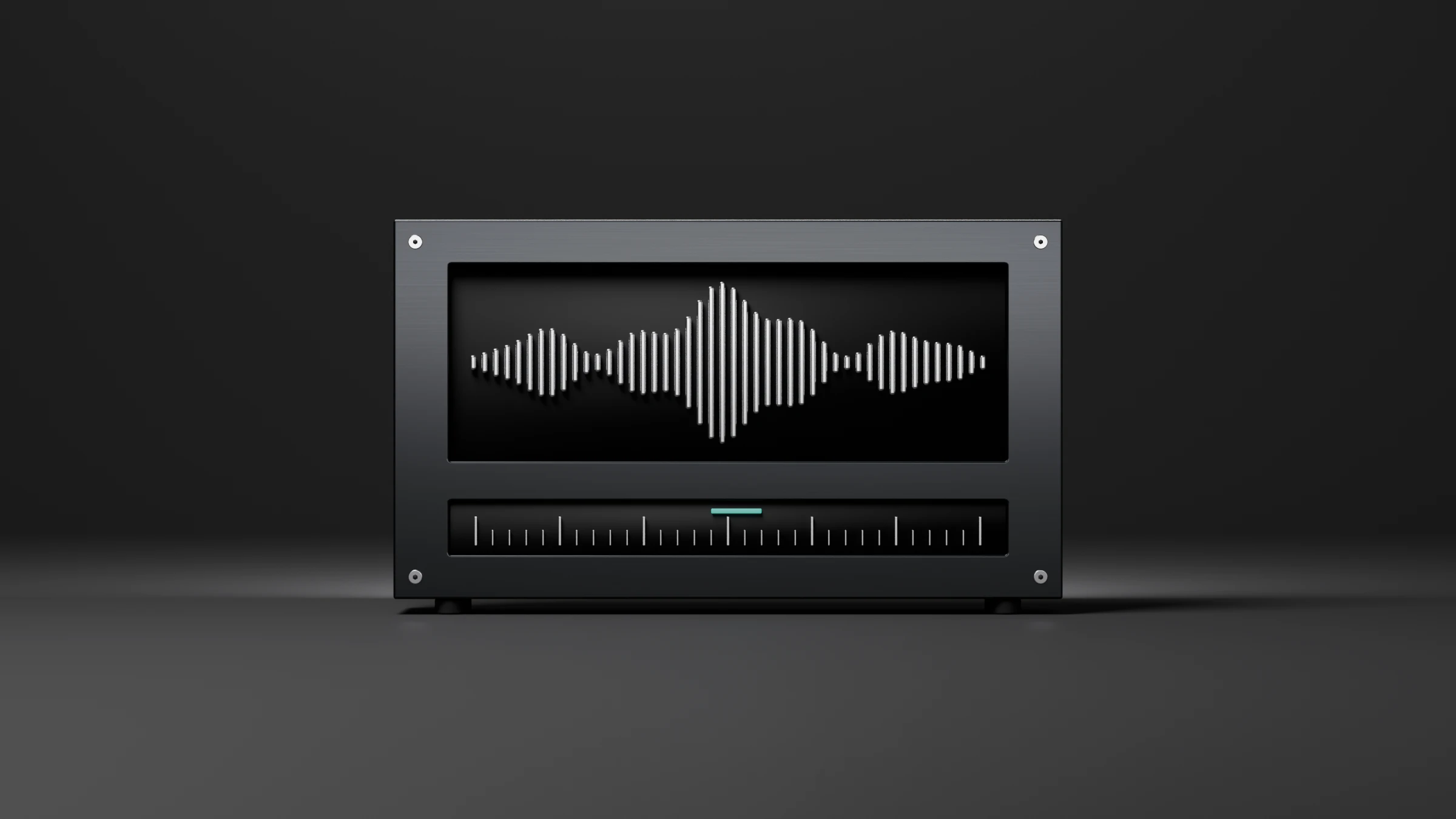 A machined front panel with an embossed waveform and a loudness ruler with a teal pass zone.