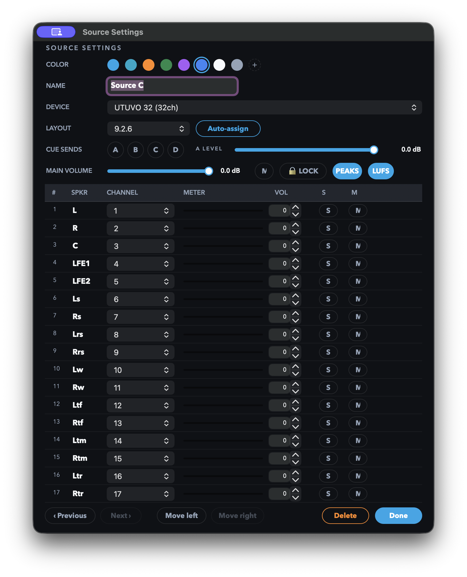 UTUVO Monitor Source Settings:展开一个来源,显示该来源的设备、声道对应与 Cue Send