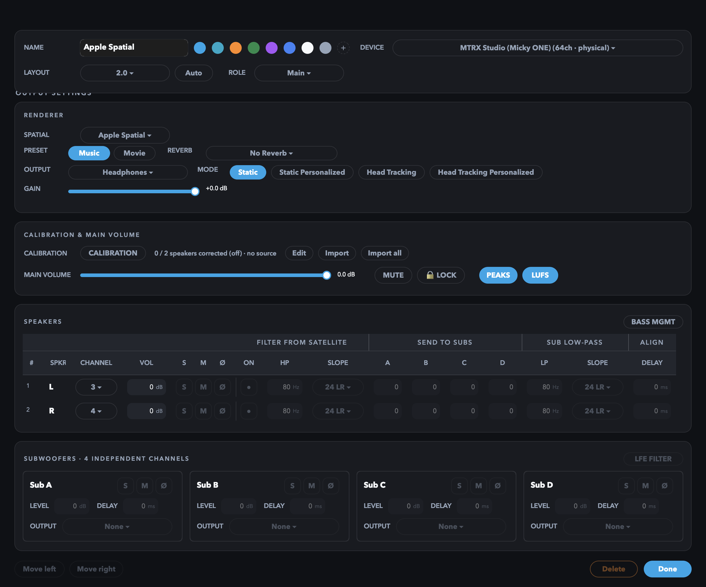 UTUVO Monitor Apple Spatial 面板:Music、Movie 与 Reverb 模式