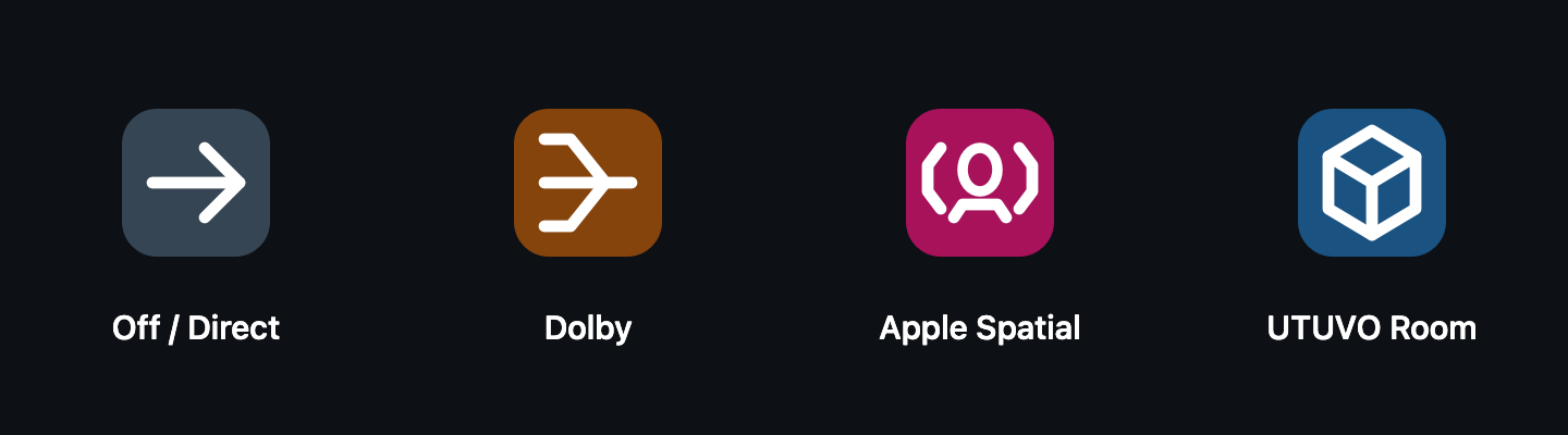 UTUVO Monitor Renderer 模式图标:Off/pass-through、Dolby、Apple Spatial、UTUVO Room