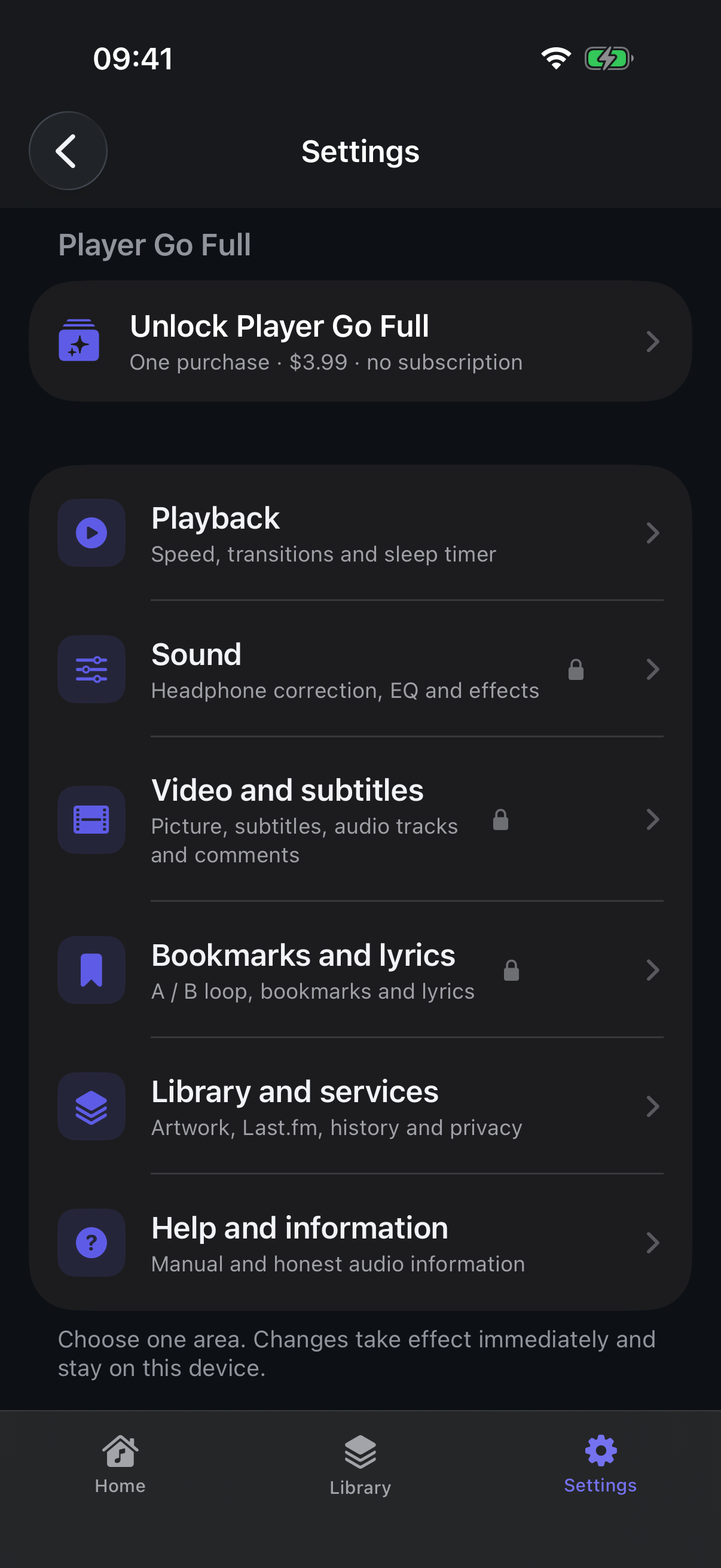UTUVO Dark の UTUVO Player Go Settings、Free 状態