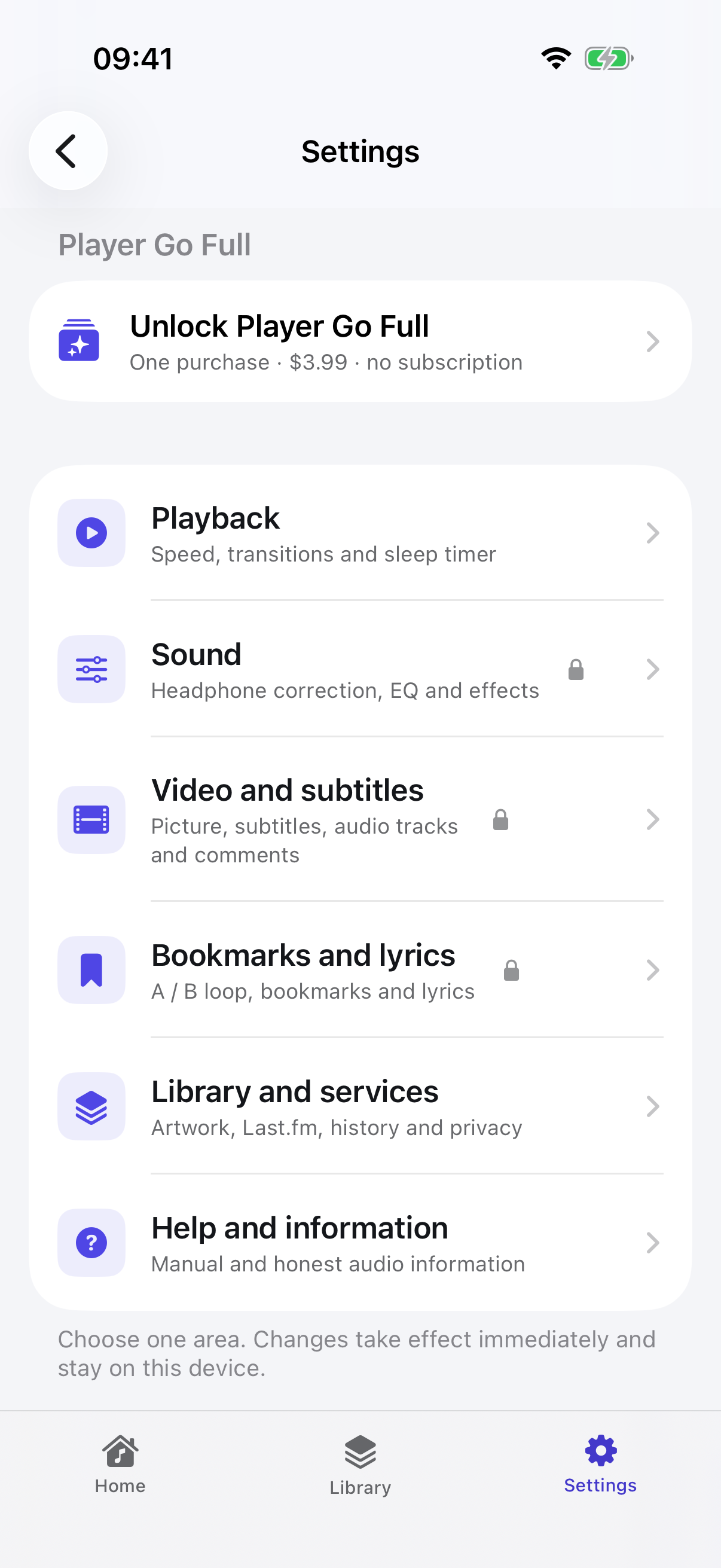 UTUVO Player Go Settings の Free 状態:Player Go Full はロック、買い切りでサブスクリプションなし