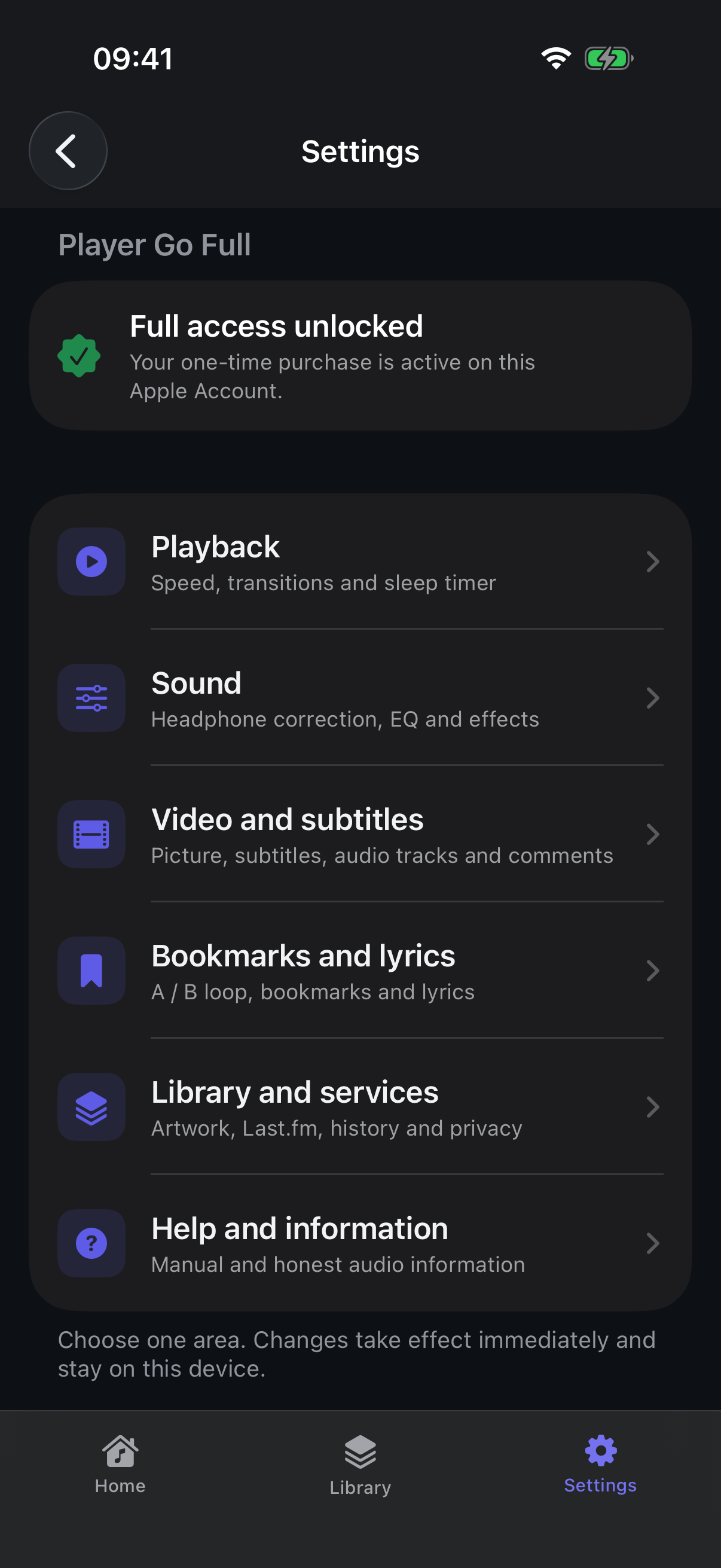 UTUVO Dark の UTUVO Player Go Settings、Full 状態