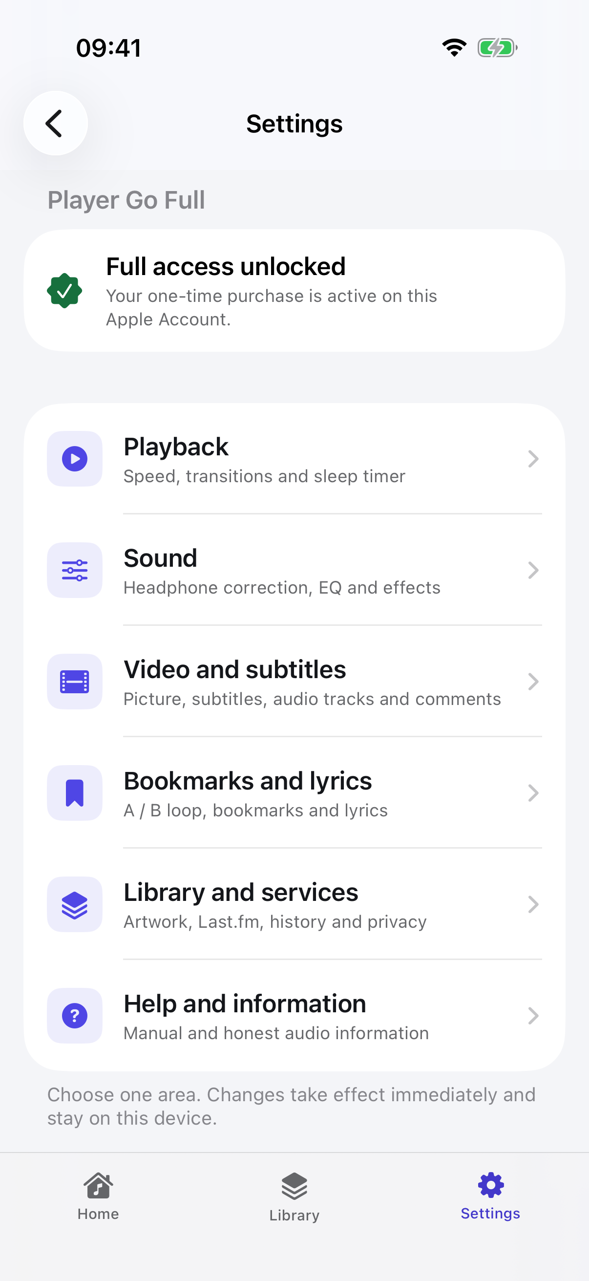 UTUVO Player Go Settings の Full 状態:Full access 解除済み
