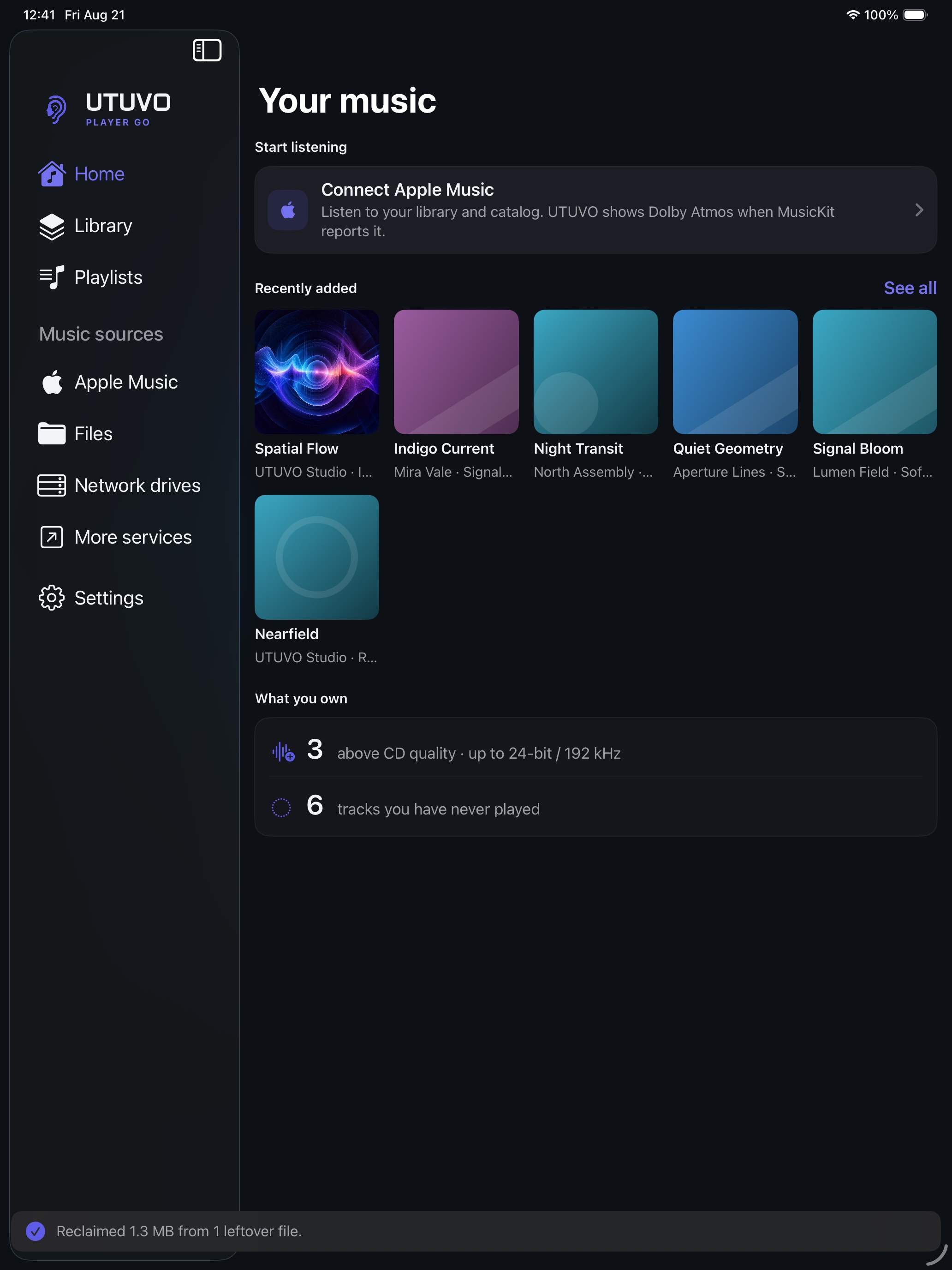UTUVO Light の UTUVO Player Go iPad 13 インチ、ホーム画面