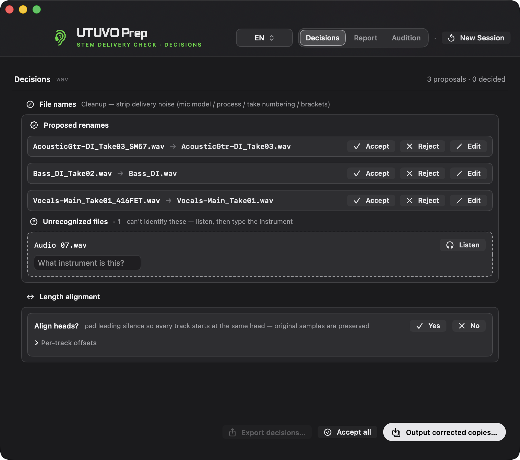 Accept、Reject、Edit を備えた 3 件の名前候補を表示した UTUVO Prep Light 画面