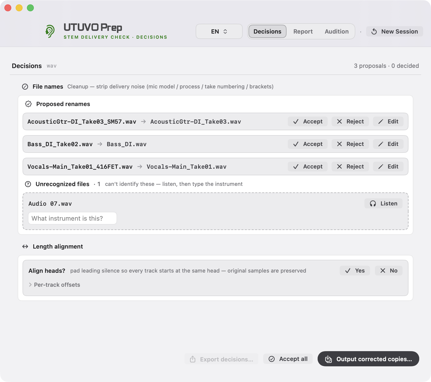 Accept、Reject、Edit を備えた 3 件の名前候補を表示した UTUVO Prep Light 画面
