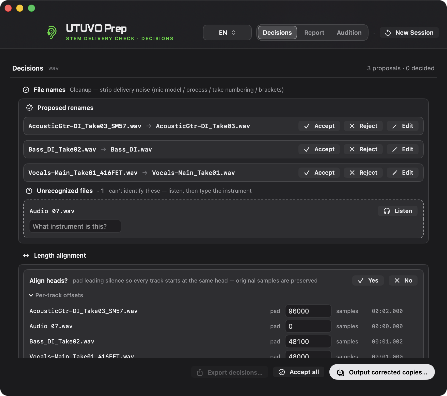 UTUVO Prep light interface showing per-track head offsets in samples
