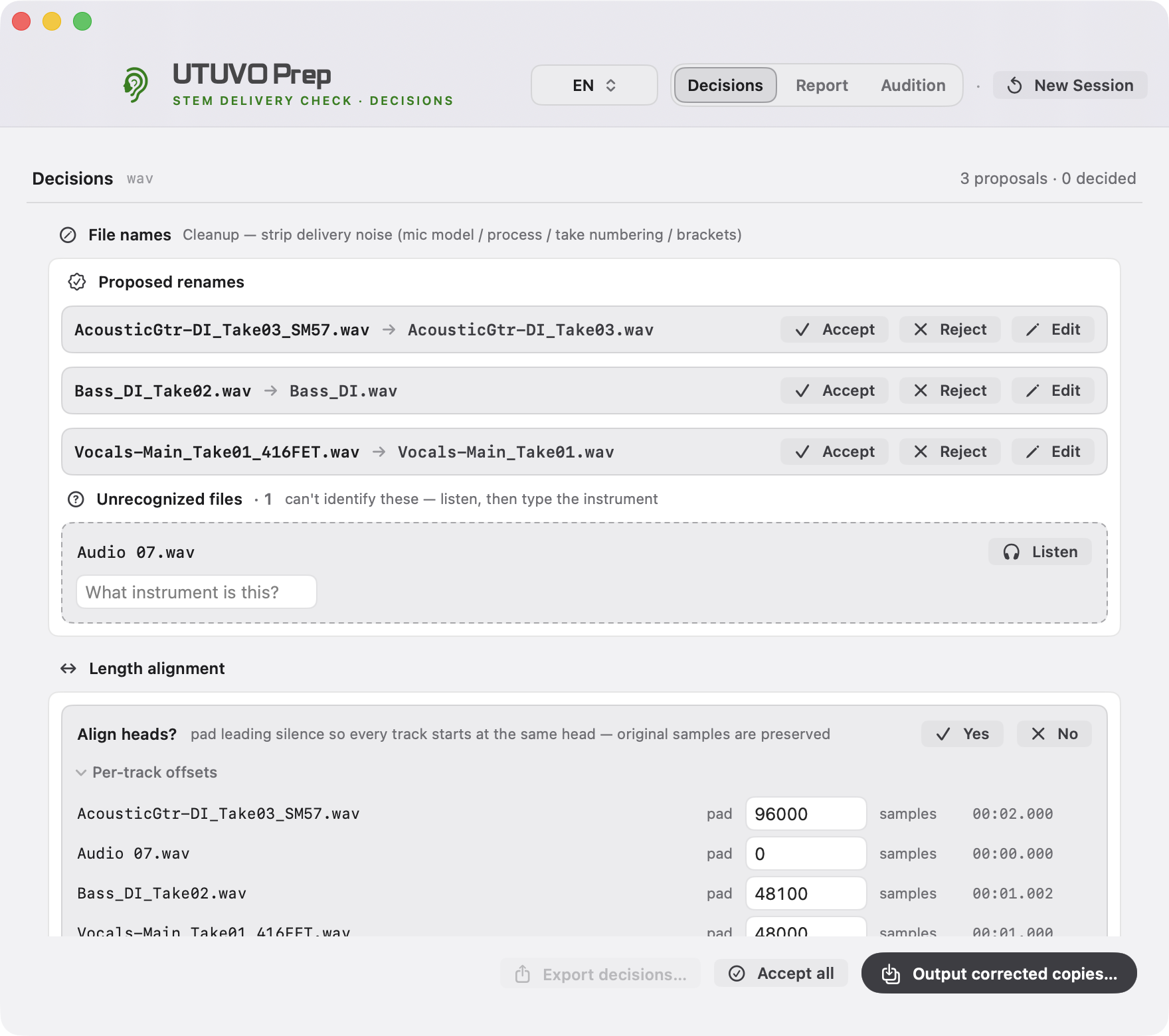 UTUVO Prep light interface showing per-track head offsets in samples