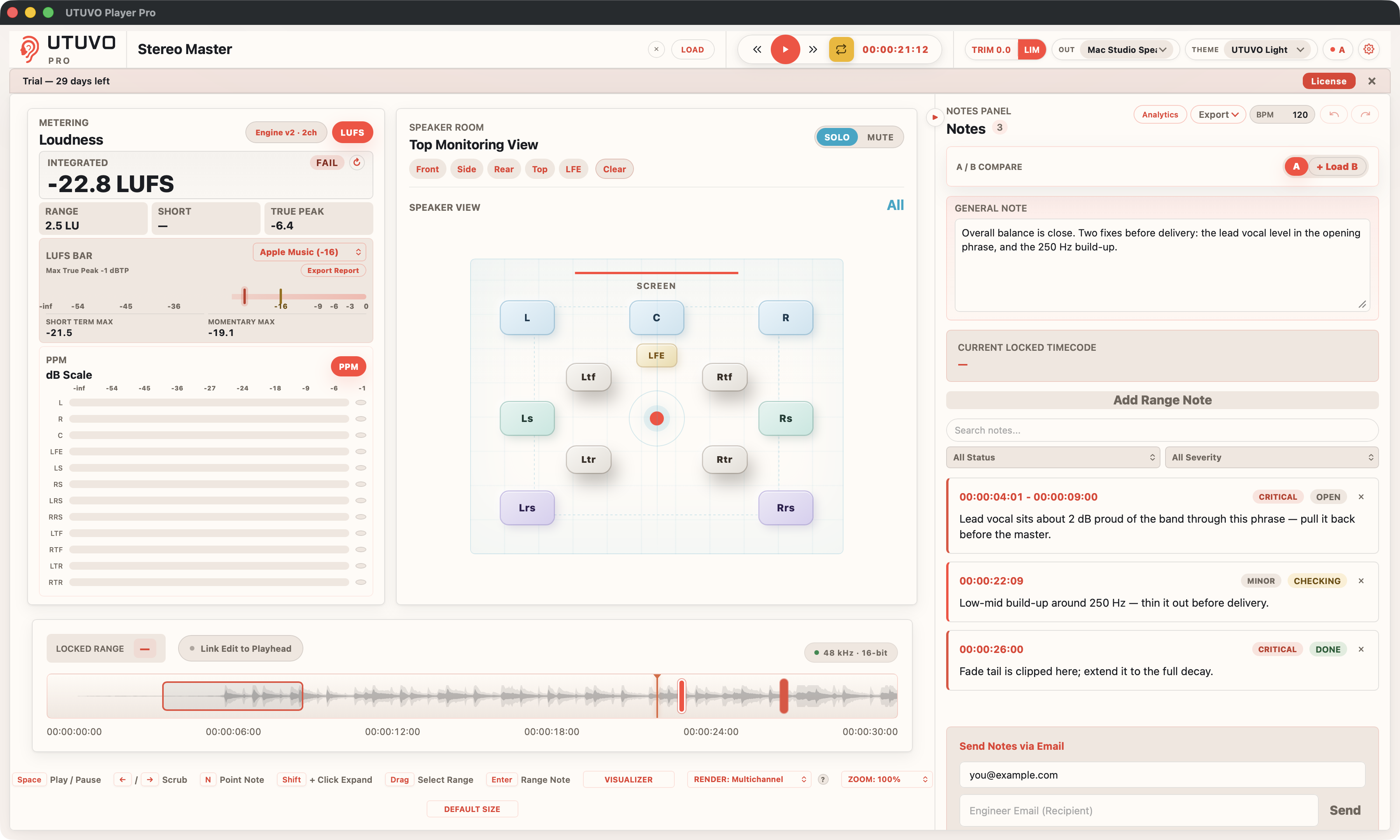 Player Pro in Light theme showing a two-channel master, Integrated LUFS, Apple Music target and retained notes