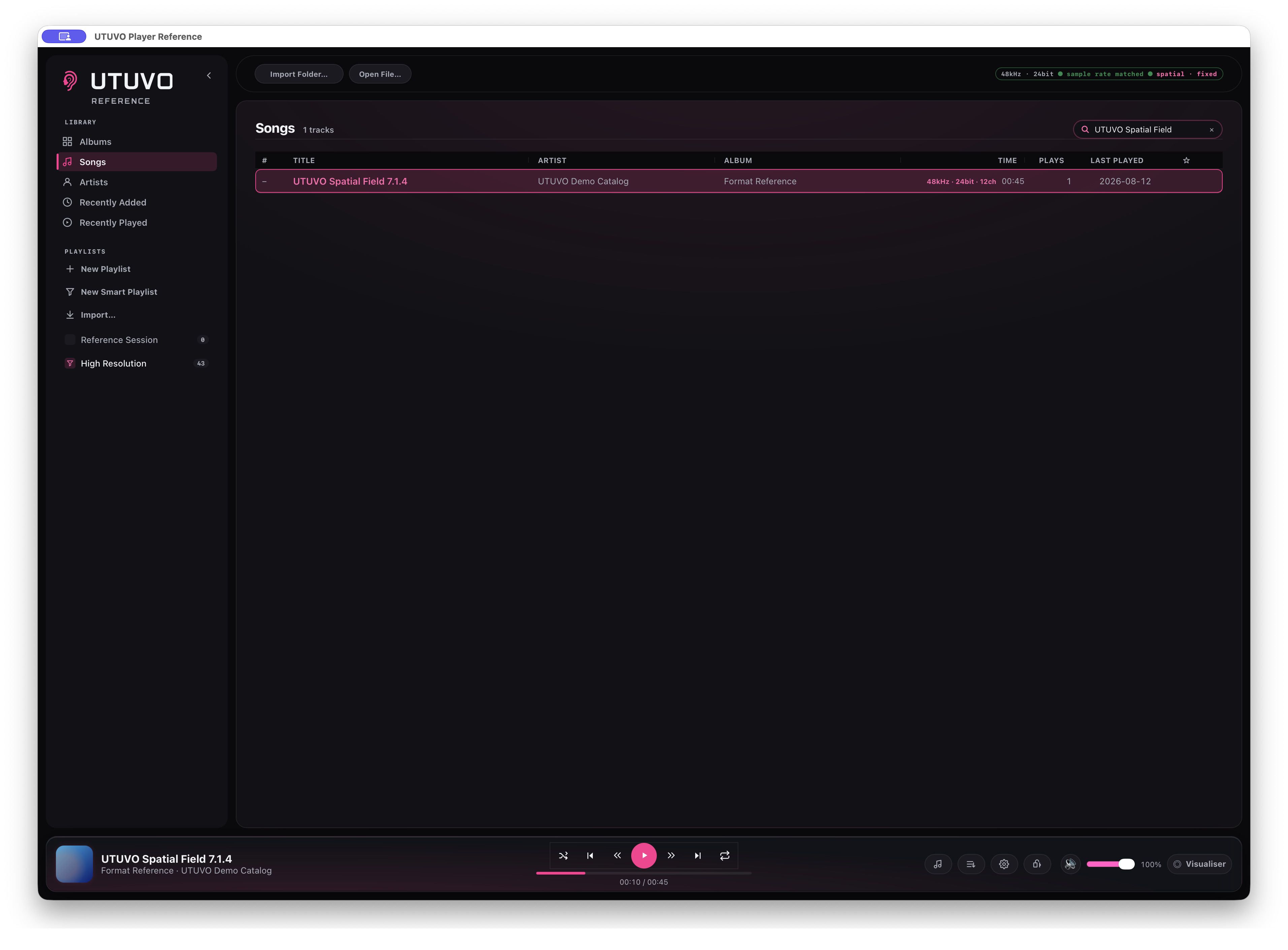 一份真實的 12 聲道 UTUVO demo master 選取於 83 首曲目的密集曲庫中,狀態顯示 spatial fixed。