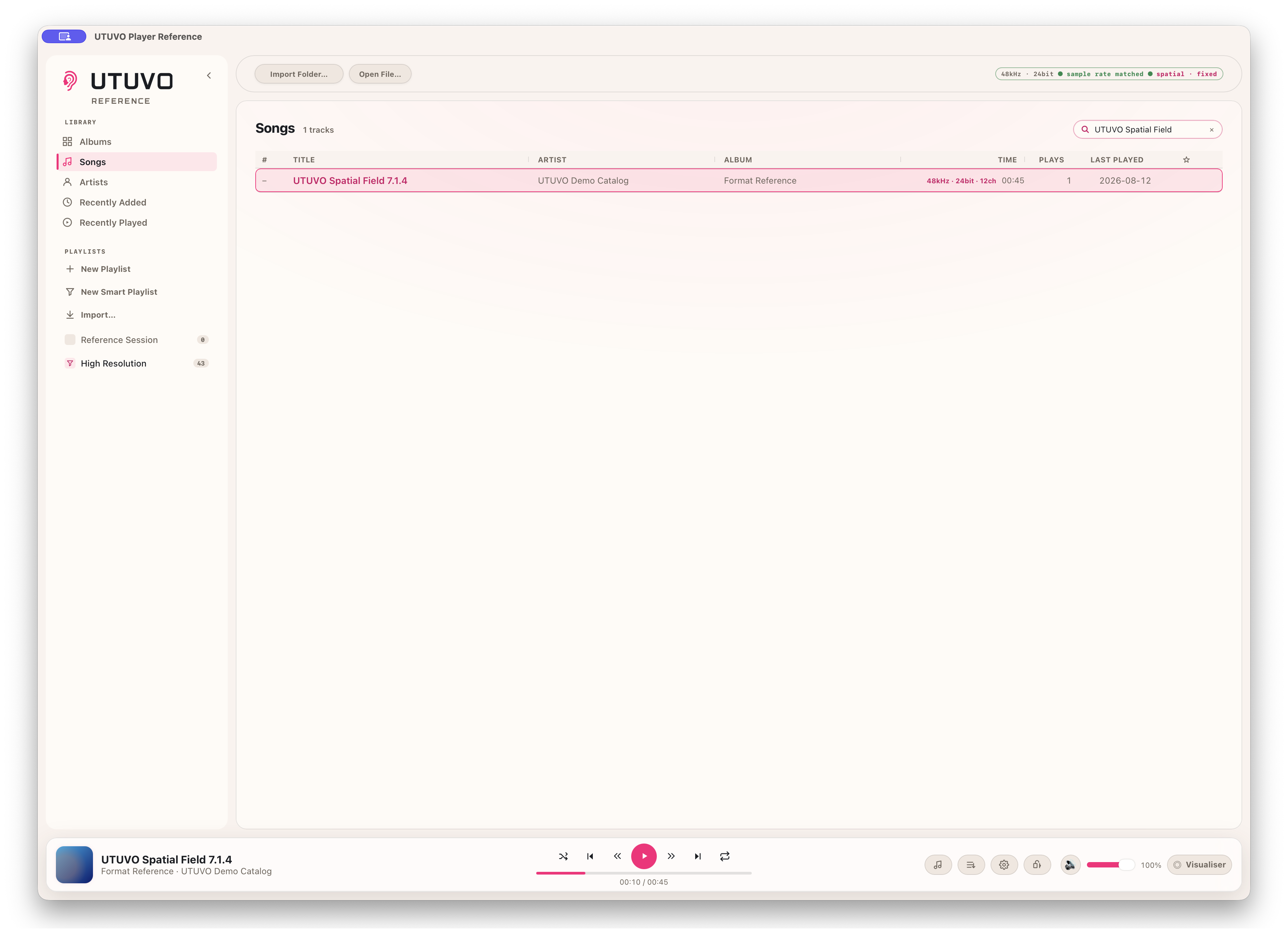 一份真實的 12 聲道 UTUVO demo master 選取於 83 首曲目的密集曲庫中,狀態顯示 spatial fixed。