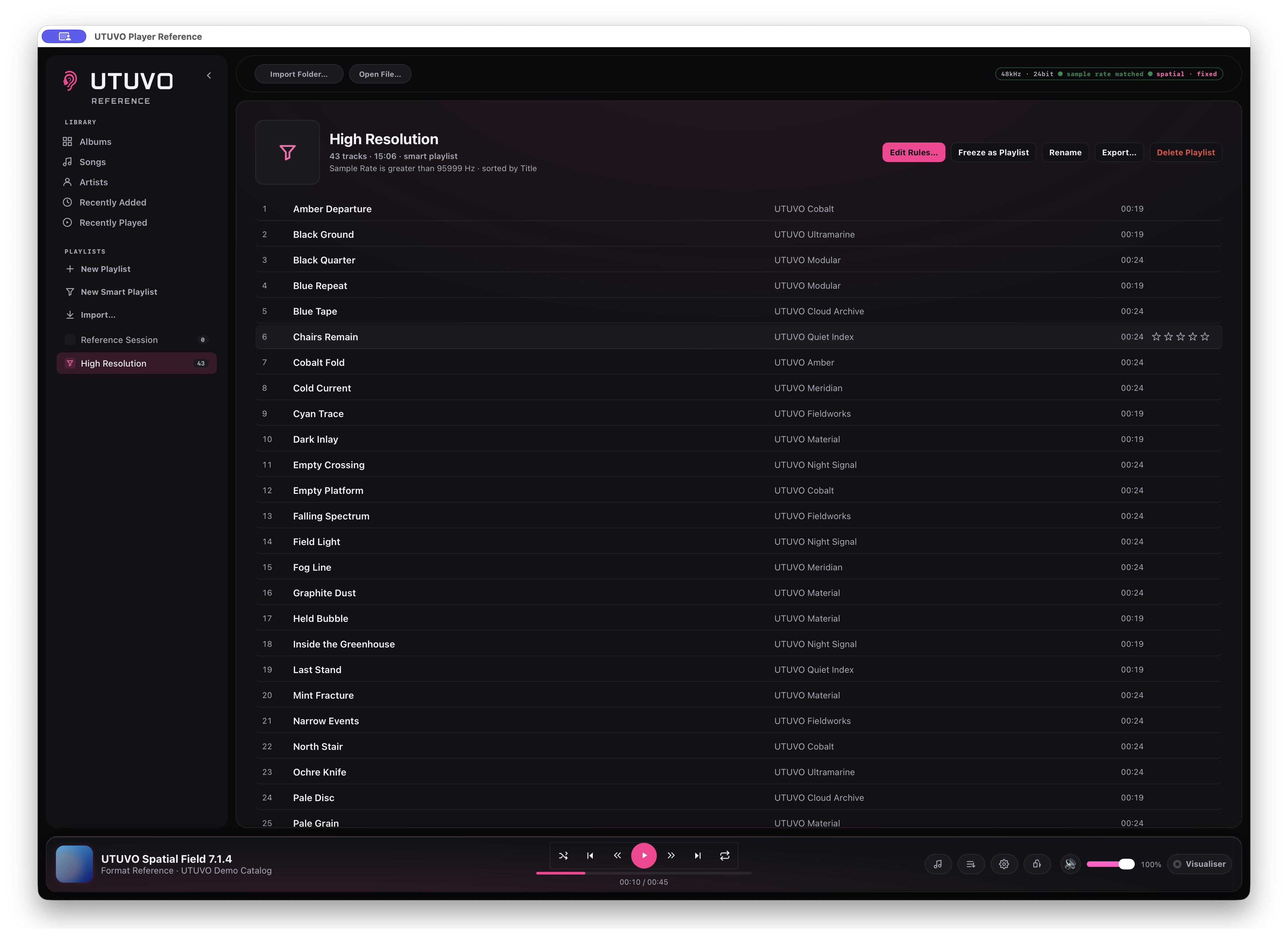 UTUVO Player Reference 的 High Resolution 智慧播放列表,顯示即時取樣率規則、43 首符合曲目、編輯控制與完整曲庫導覽。