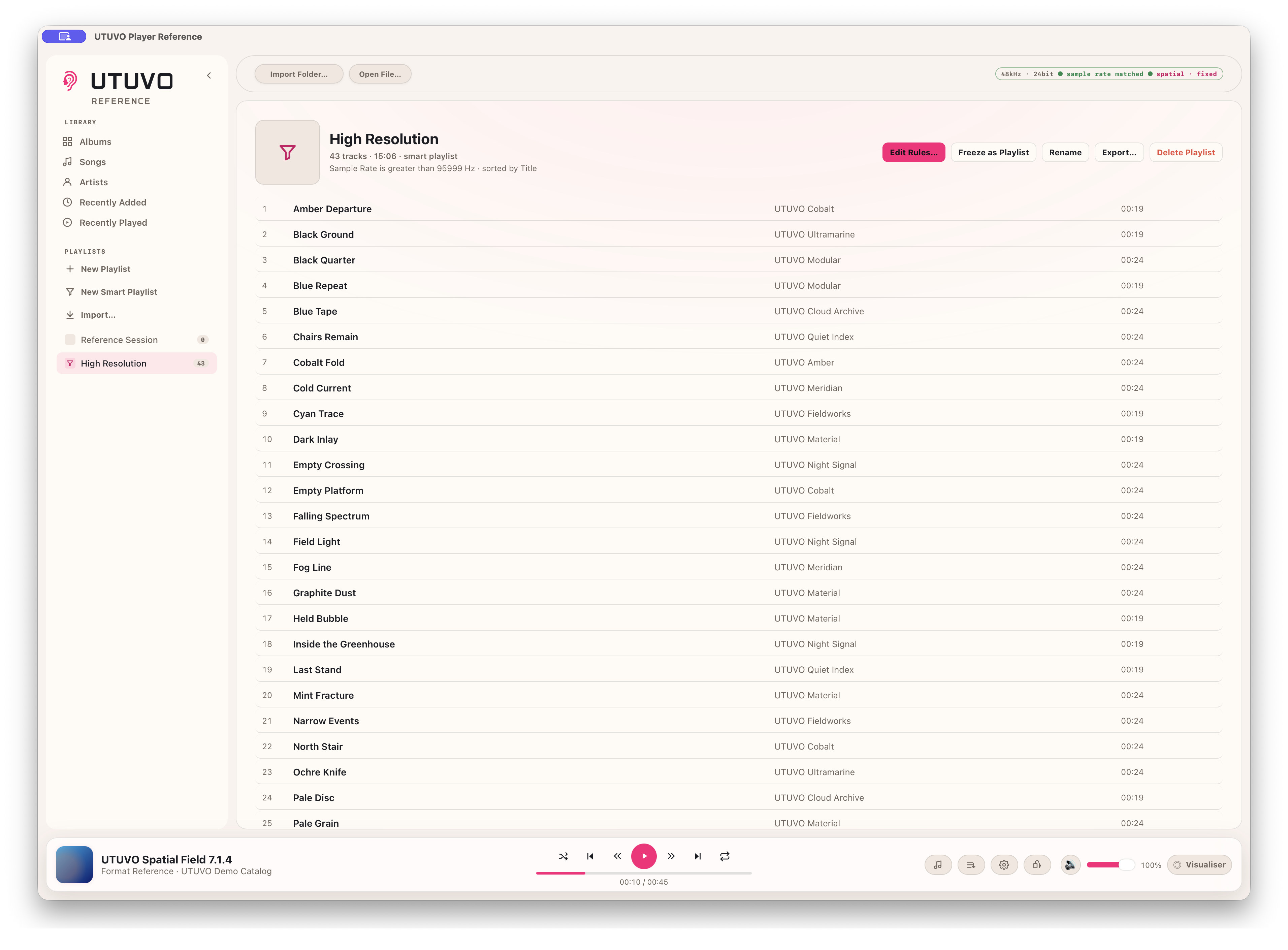 UTUVO Player Reference 的 High Resolution 智慧播放列表,顯示即時取樣率規則、43 首符合曲目、編輯控制與完整曲庫導覽。